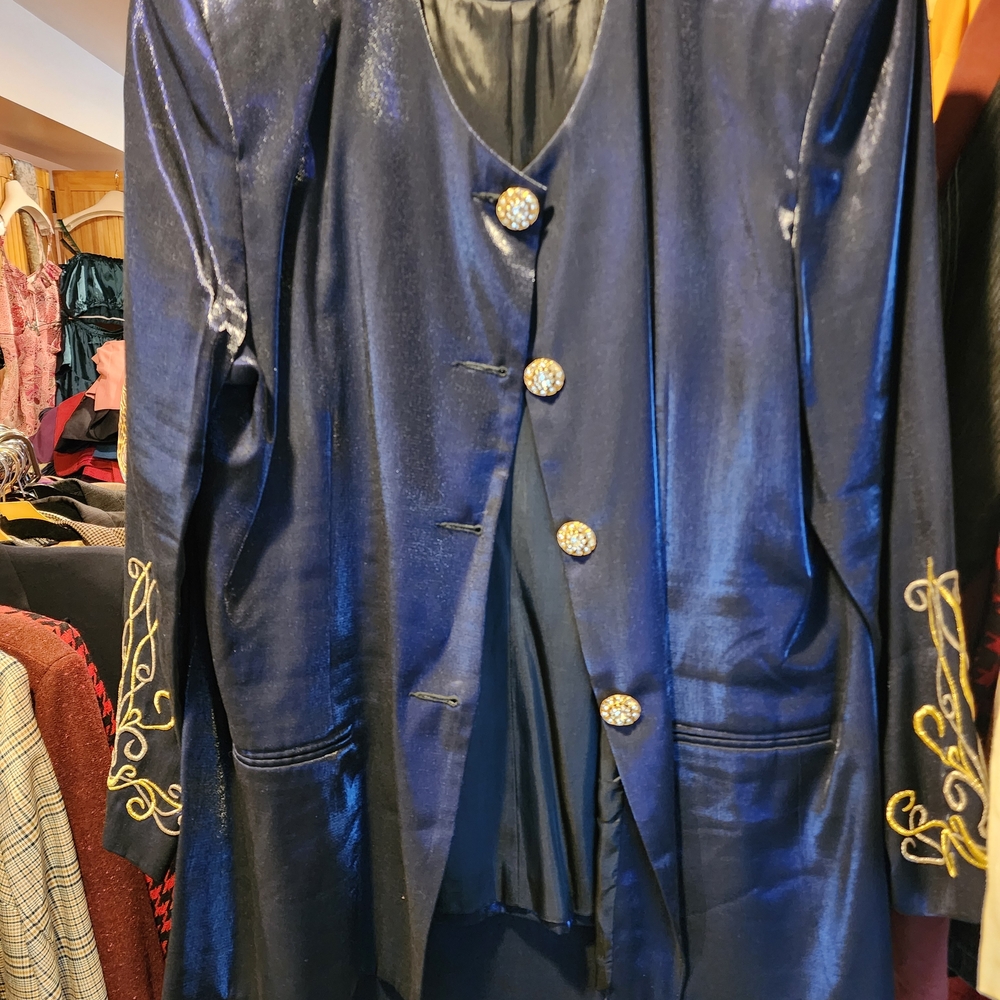 Elegant Navy Women's Blazer with Gold Embroidery, Midi Skirt Suit